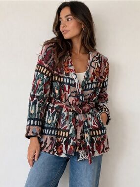 Sézane Chiara Jacket Belted Wrap Ikat Pattern Wool Blend Blazer Size M